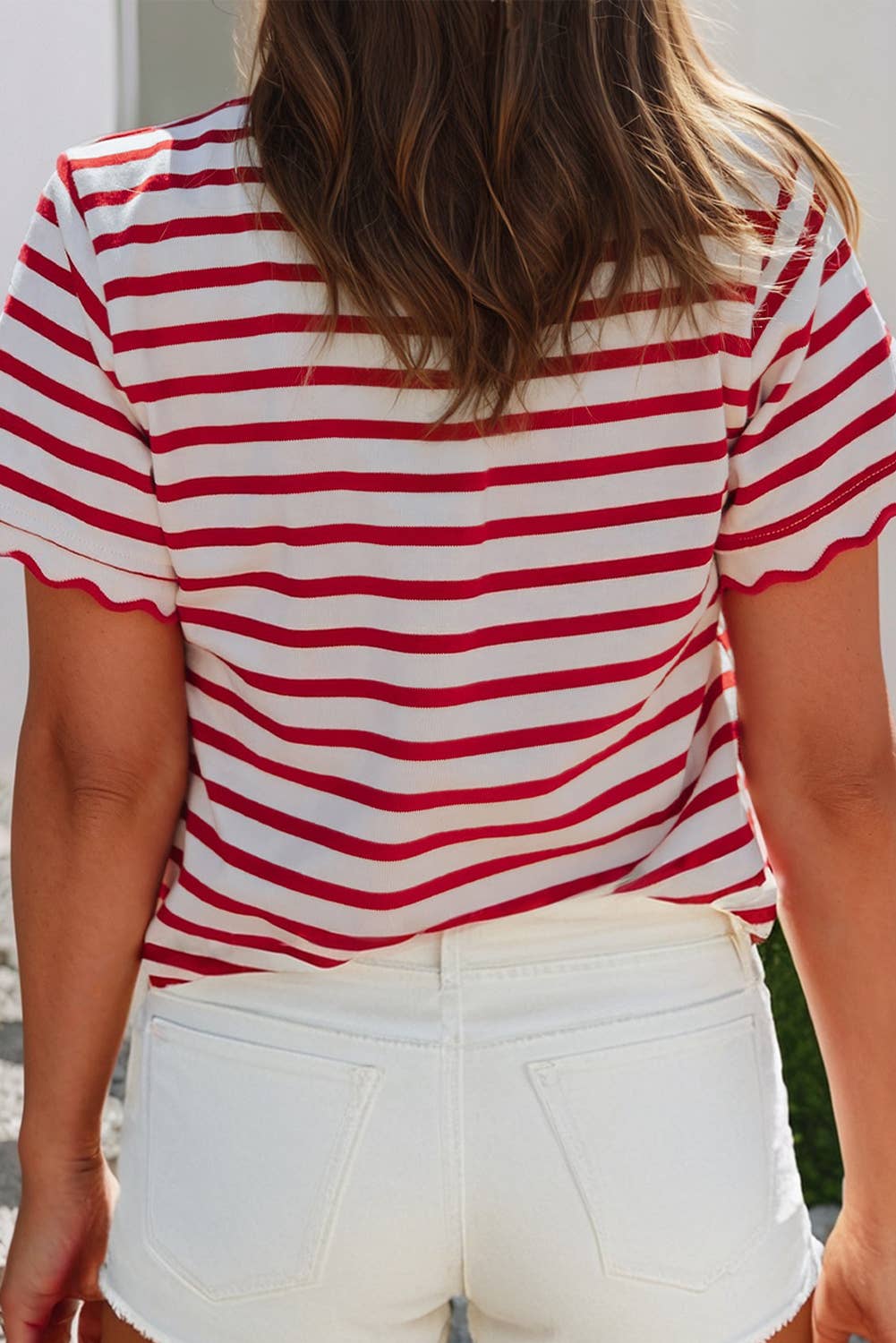 Scalloped Trim Round Neck Stripe T Shirt Curvy