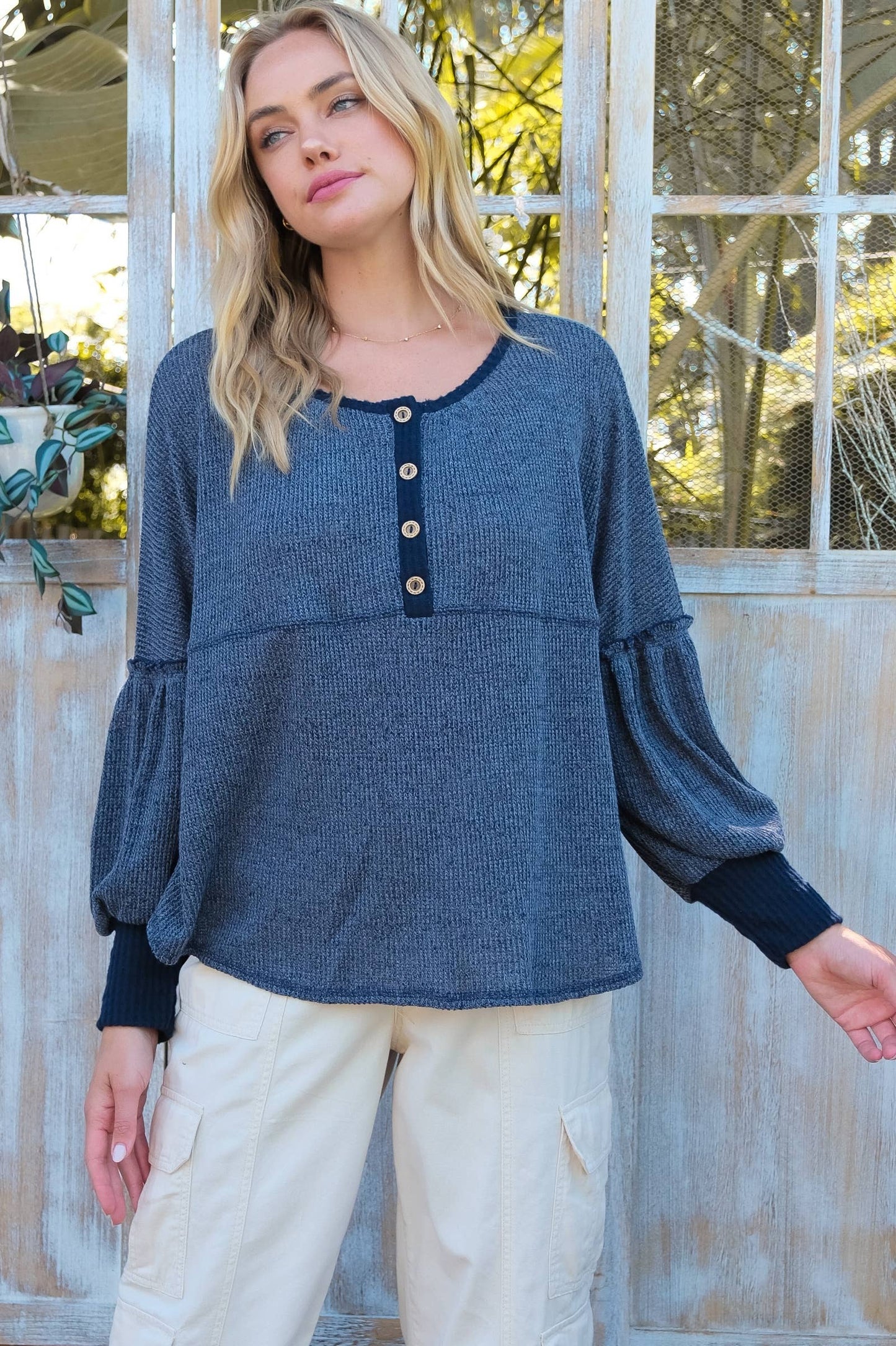 Roomy fit long sleeve top with placket-LT6491