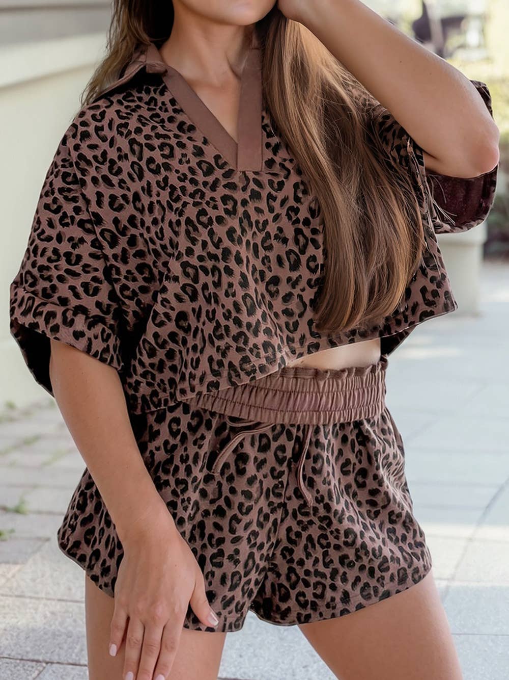 V Neck Collar Patchwork Leopard Print Western 2pcs Short Set