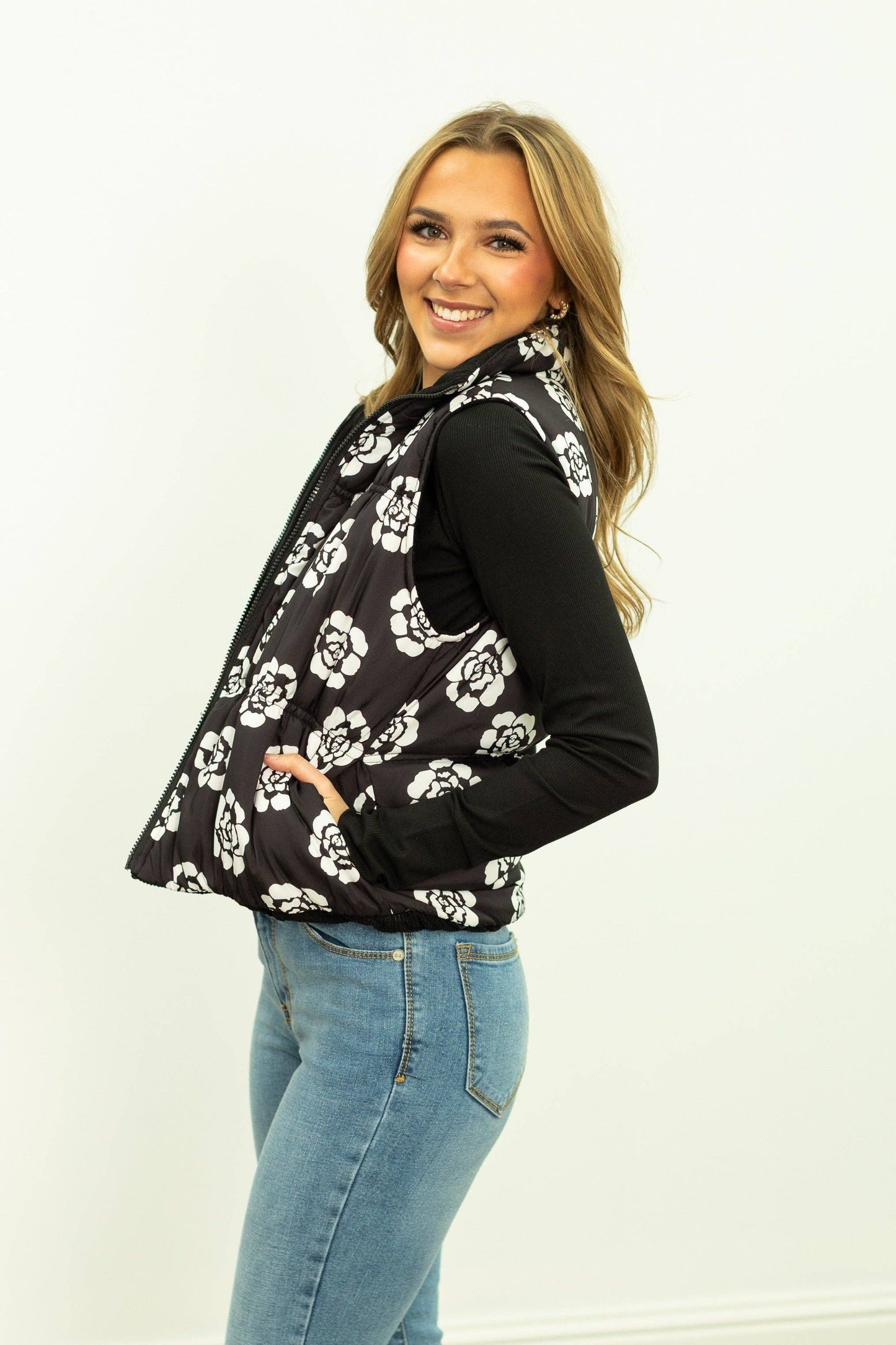 The Gillian Reversible Black and Floral Puffer Vest