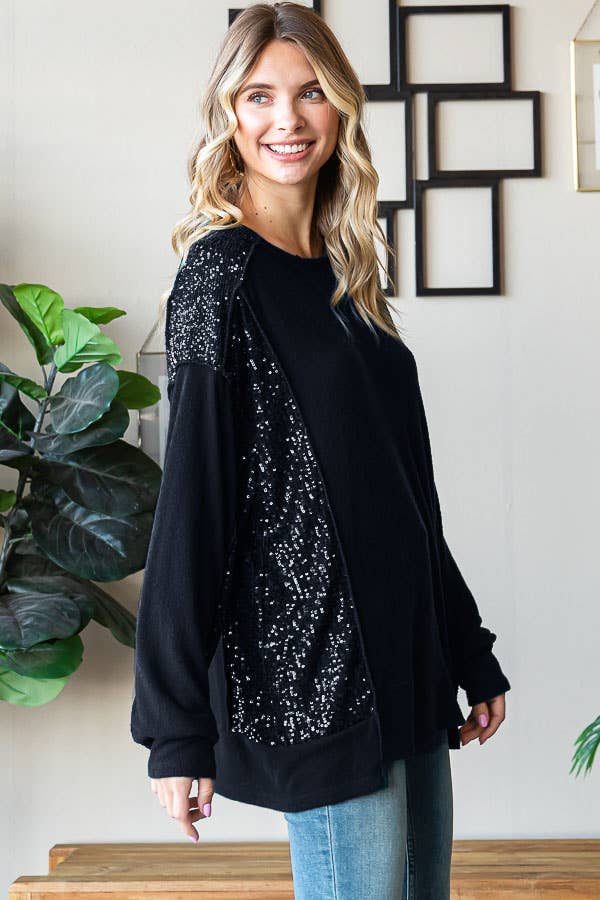 Brushed Drop Shoulder Sequin Contrast Pullover Top T5400