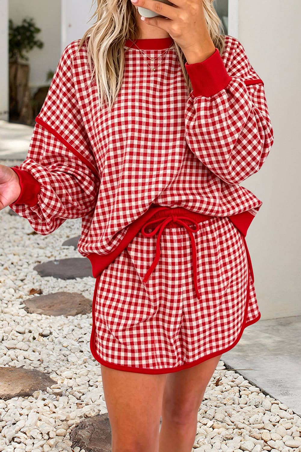 Gingham Oversized Contrast Trim Crew Neck Top and Skirt Set