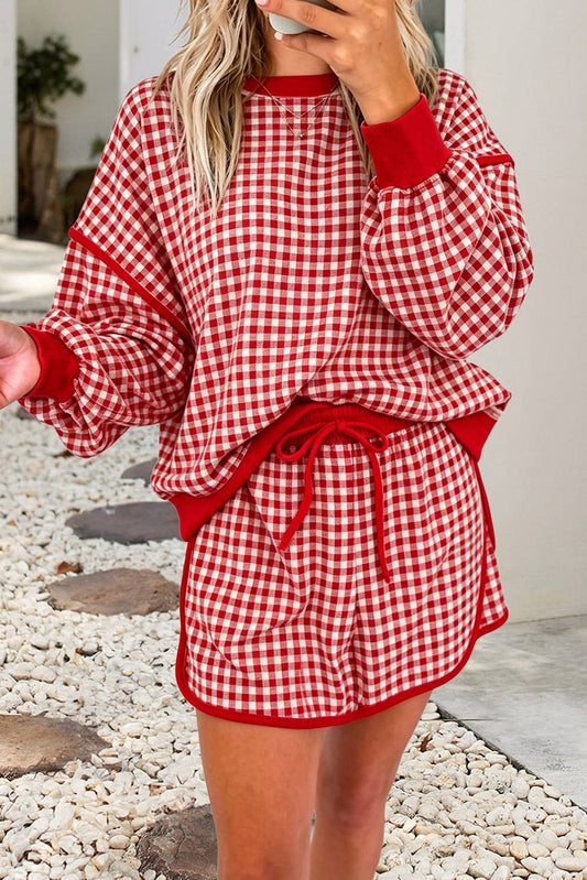 Gingham Oversized Contrast Trim Crew Neck Top and Skirt Set