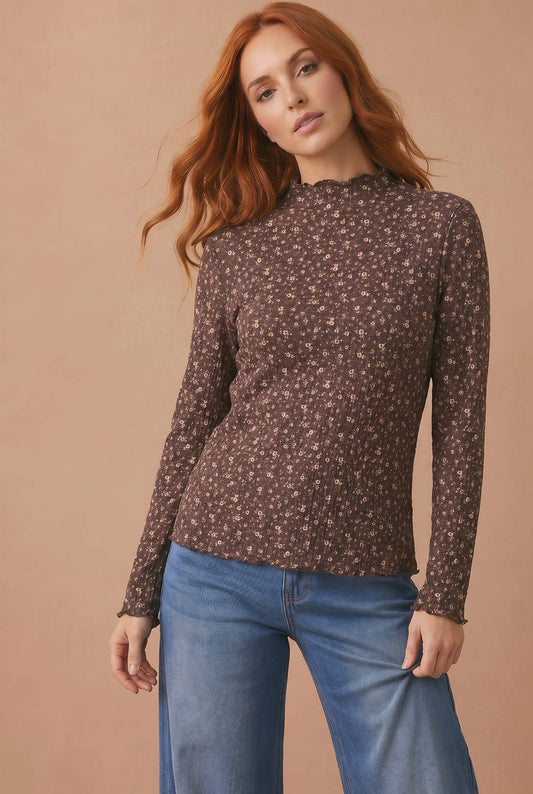 Floral Rib Frilled Top Curvy