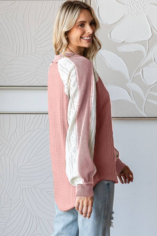 Cable Knit Color Block V Neck Long Sleeve Top T5694