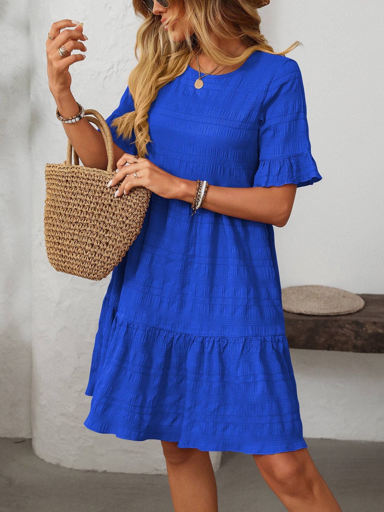 Women Ruffle Sleeve A Line Tiered Flowy Casual Trendy Mini Dress