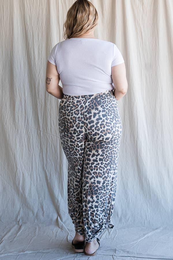 Leopard Print Side Slit Ankle Tie Pants Curvy