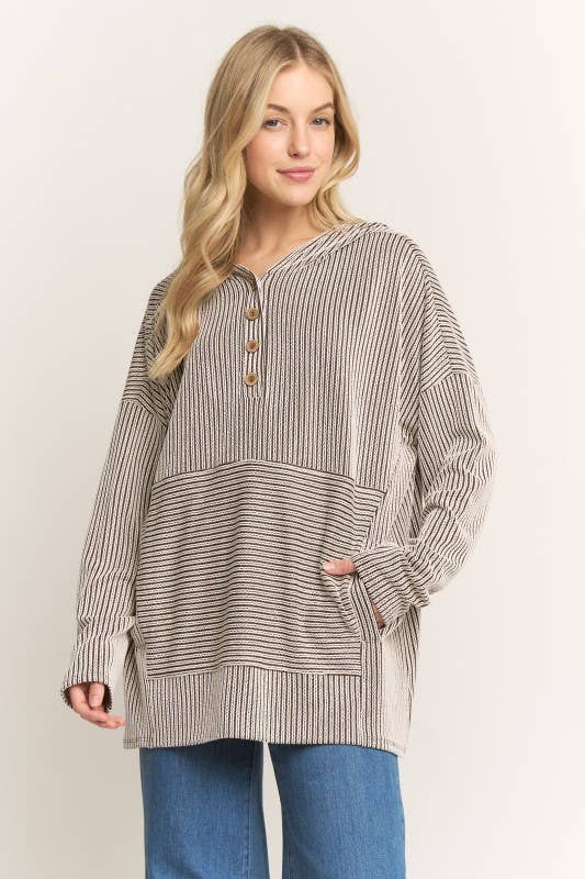 LONG SLEEVE URBAN RIB STRIPE HOOIDE TOP CURVY