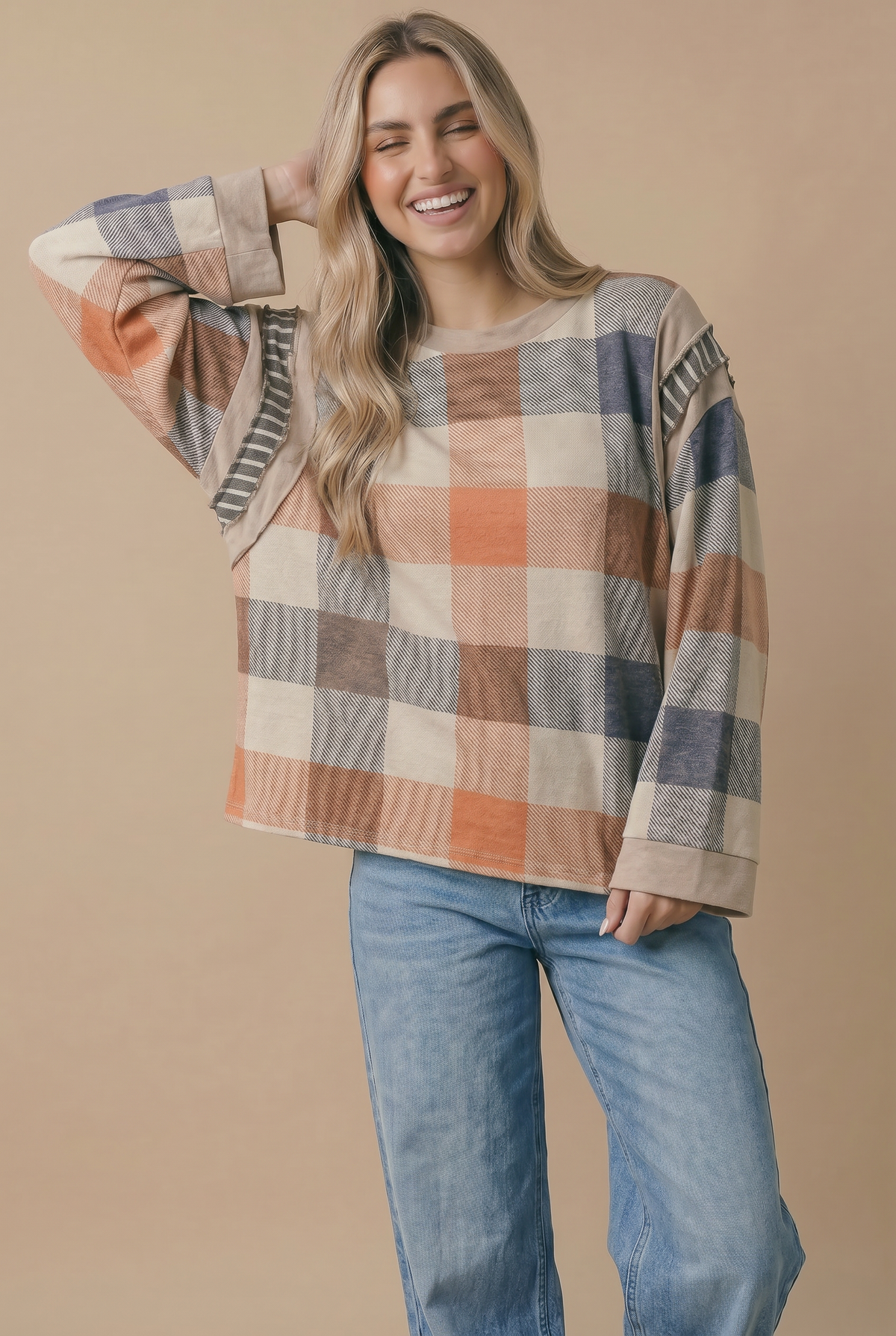 Plaid Colorblock Pullover Knit Top