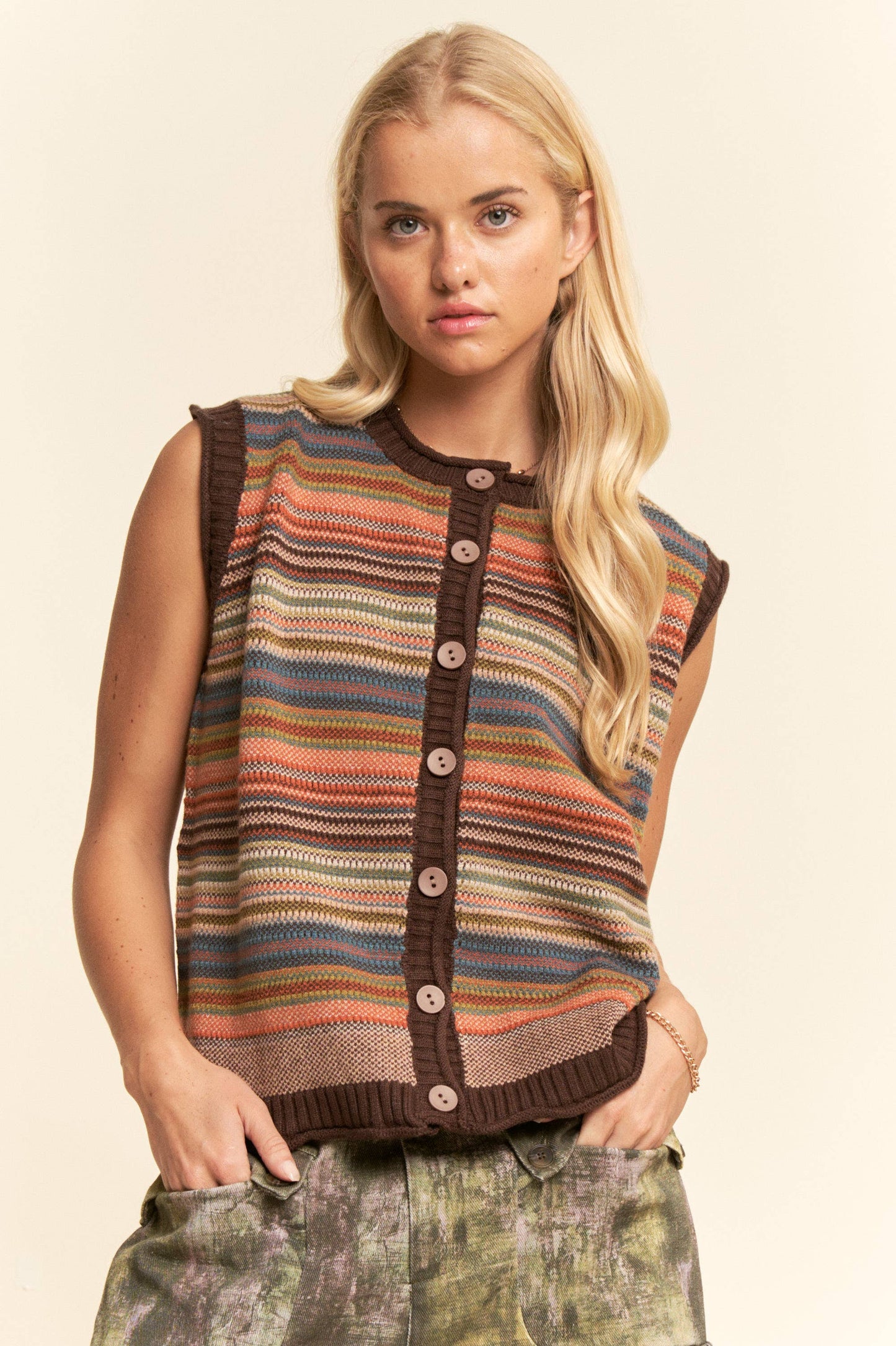 BUTTON-DOWN FRONT MULTICOLOR STRIPES RIBBED TRIM