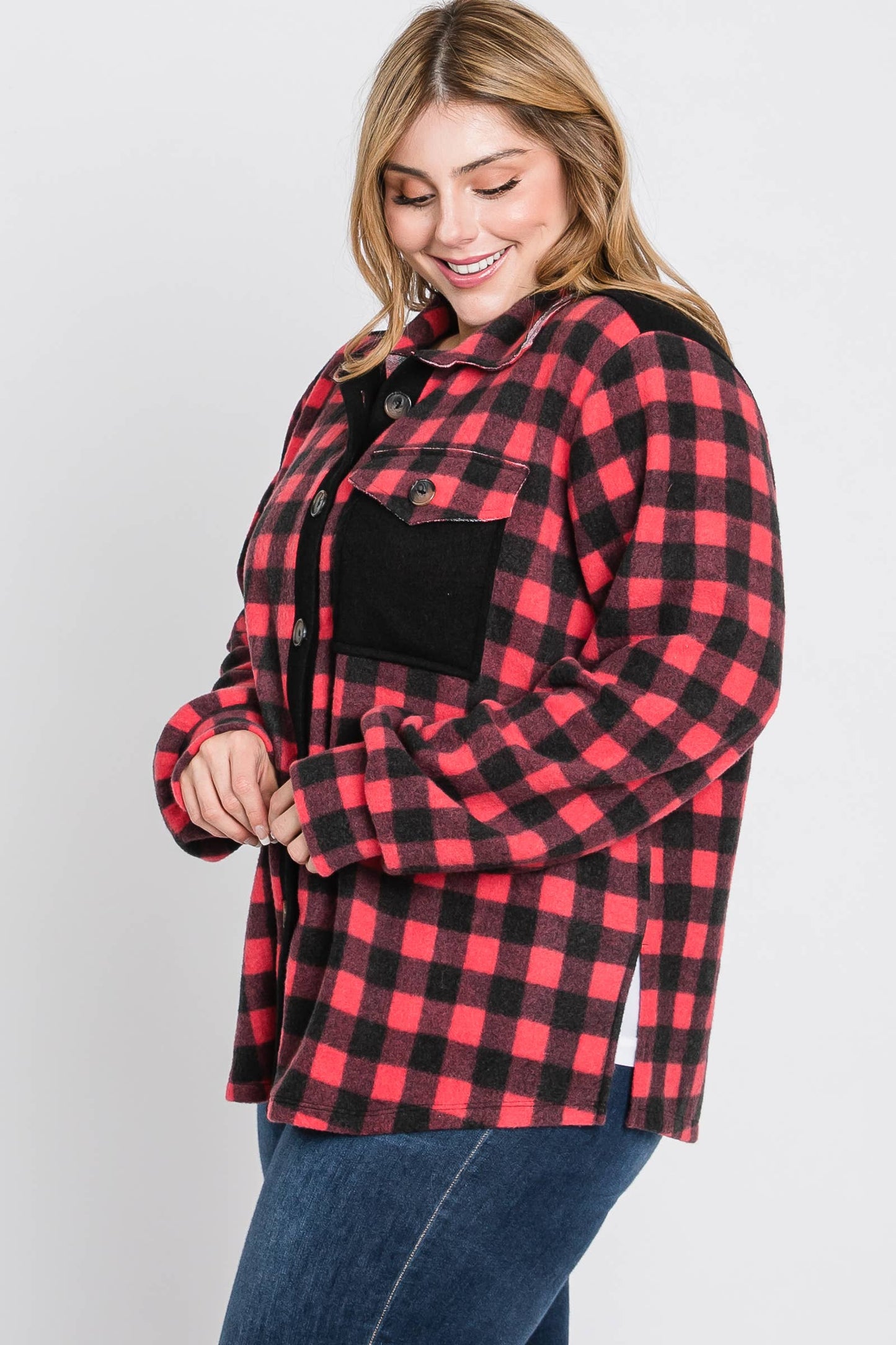 Plus Plaid brushed knit shirt jacket-PLT4604B