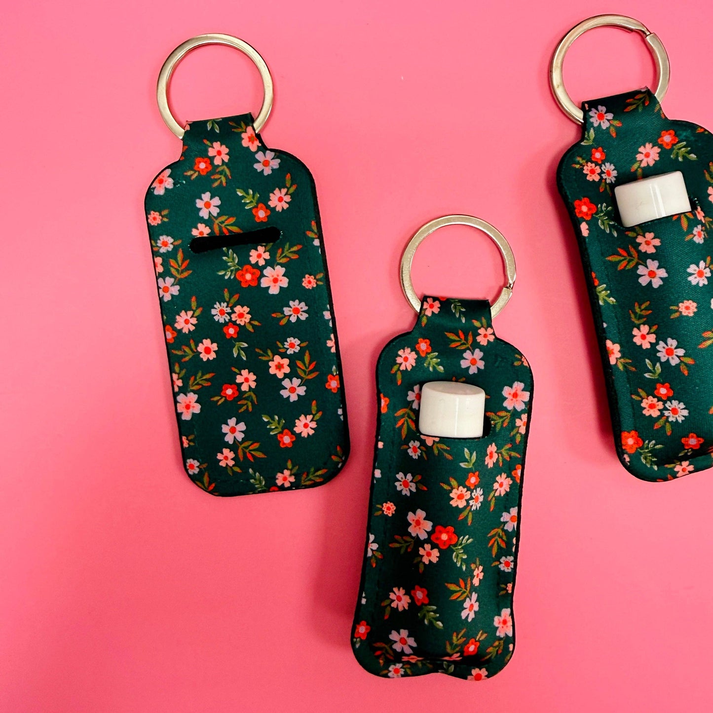 Chapstick Holder Keychain, Green Floral Pattern