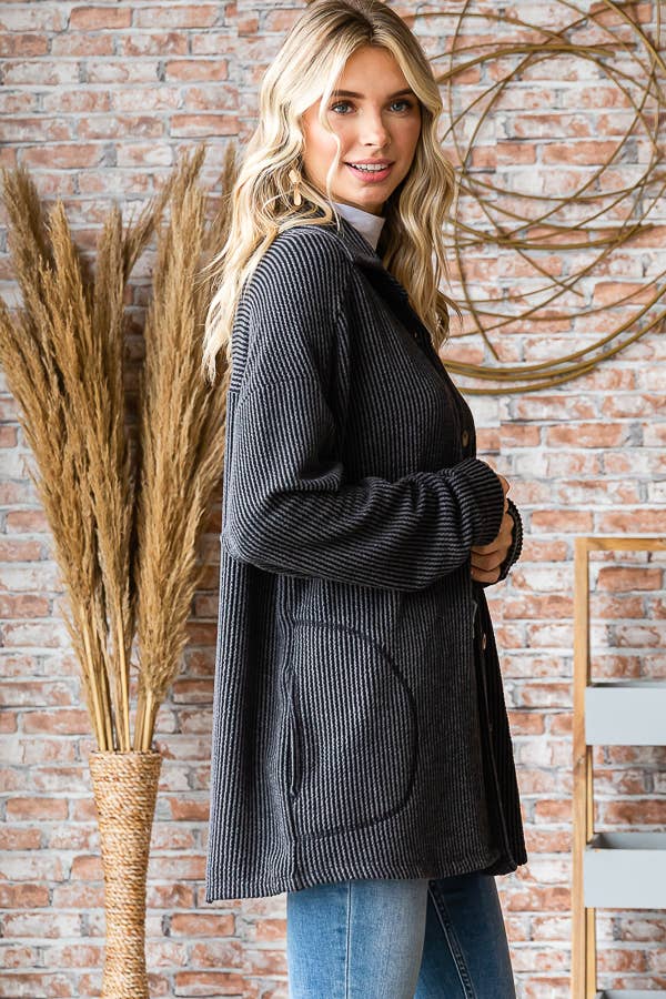 Solid Rib Button Down Side Pockets Long Sleeve Shacket T5256