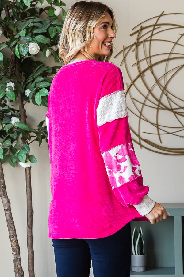 [PLUS SIZE] Animal Print Accent Button Front PulloverT5371XL