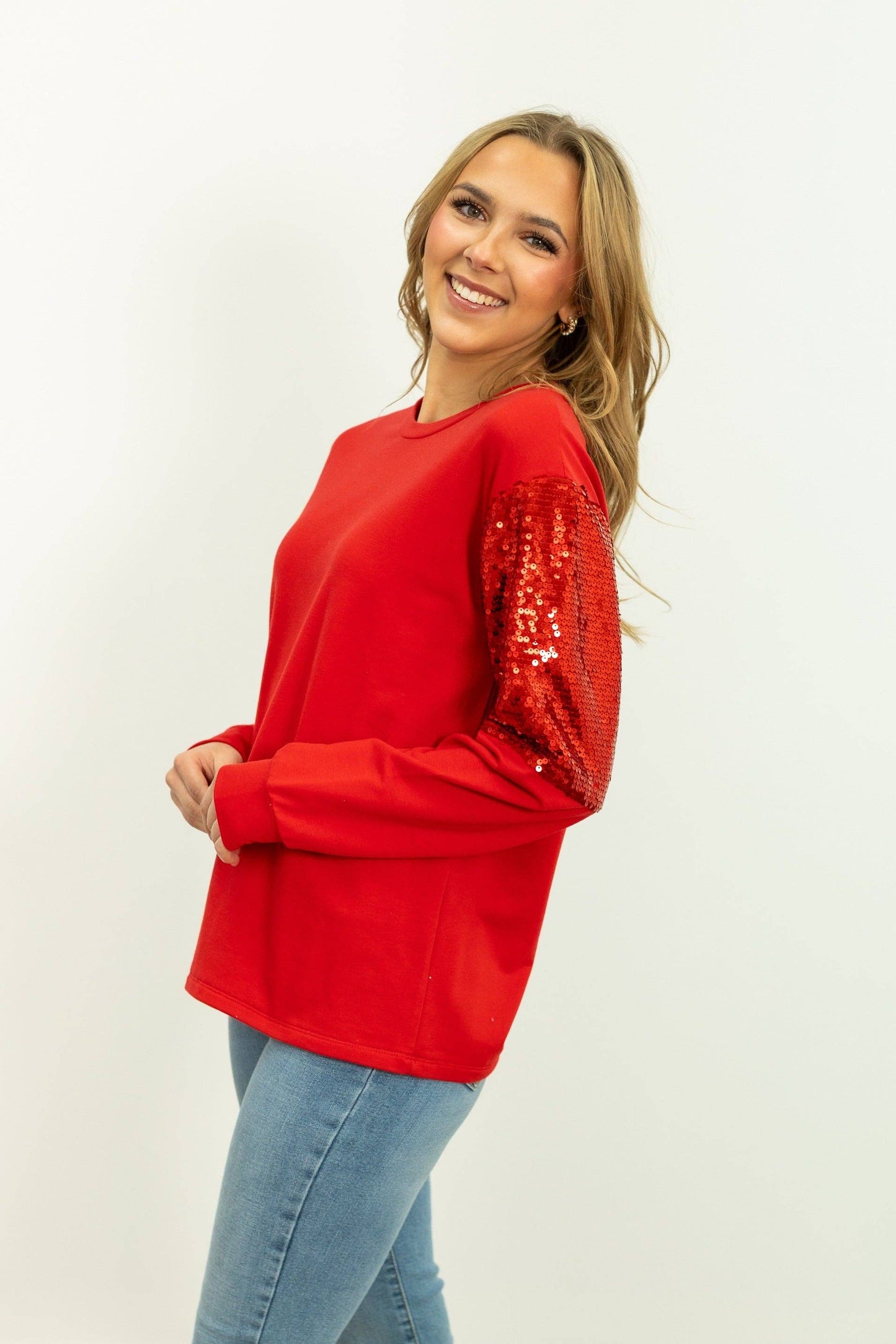 Light Weight Sequins Sweatshirt, Red