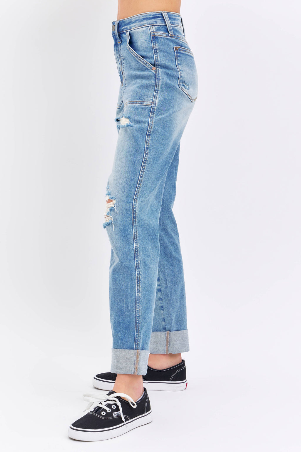 High Waisted Distressed Boyfriend with Patch Pockets - PLUS