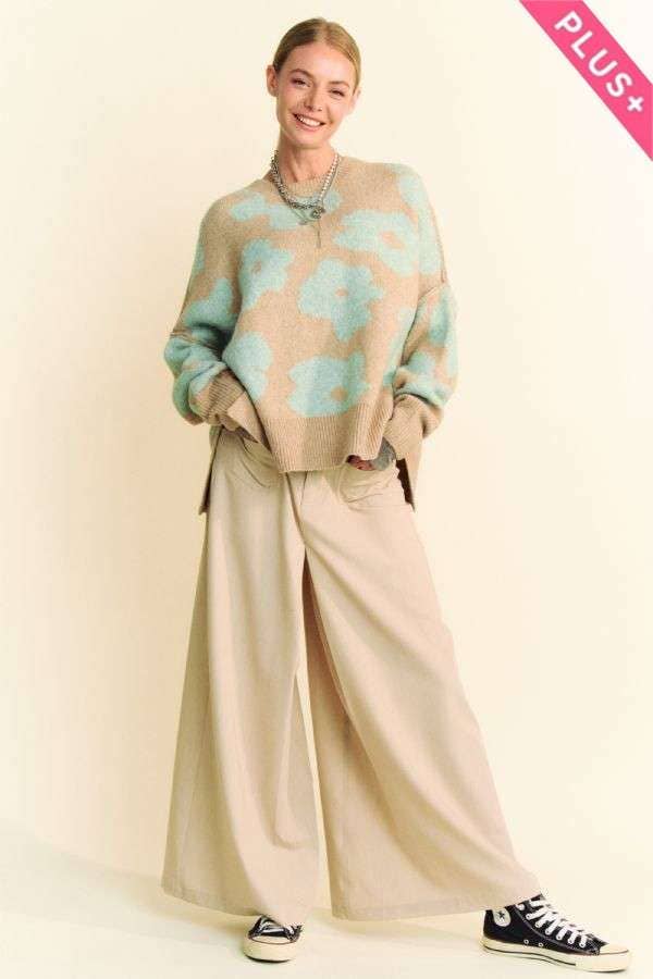 PLUS FLORAL LONG SLEEVE LOOSE FIT PULLOVER SWEATER