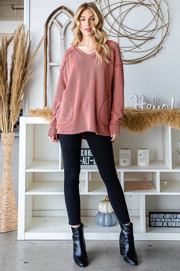 [PLUS SIZE] Rib V-Neck Drop Shoulder Long Sleeve Top T5240XL