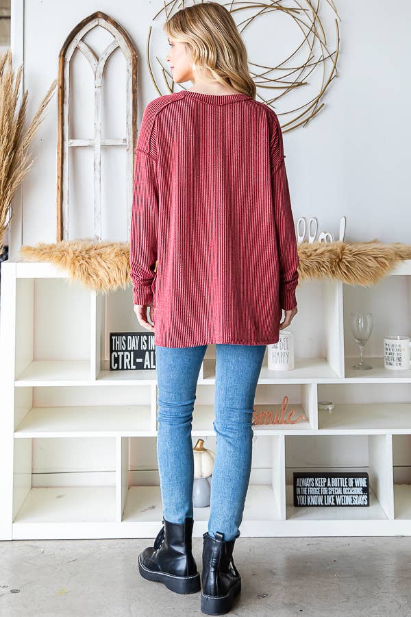 [PLUS SIZE] Rib V-Neck Drop Shoulder Long Sleeve Top T5240XL