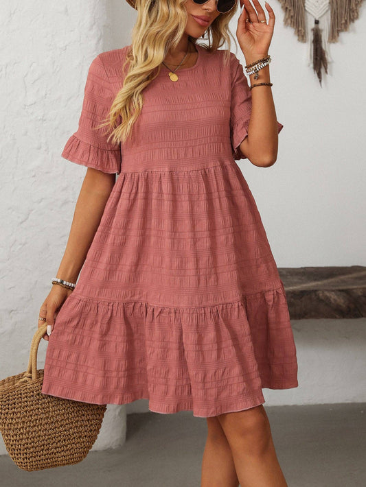 Women Ruffle Sleeve A Line Tiered Flowy Casual Trendy Mini Dress