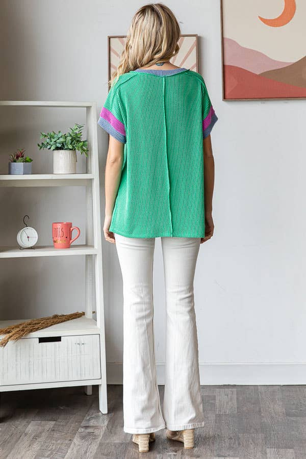 Curvy Round Neck Color Block Knit Top