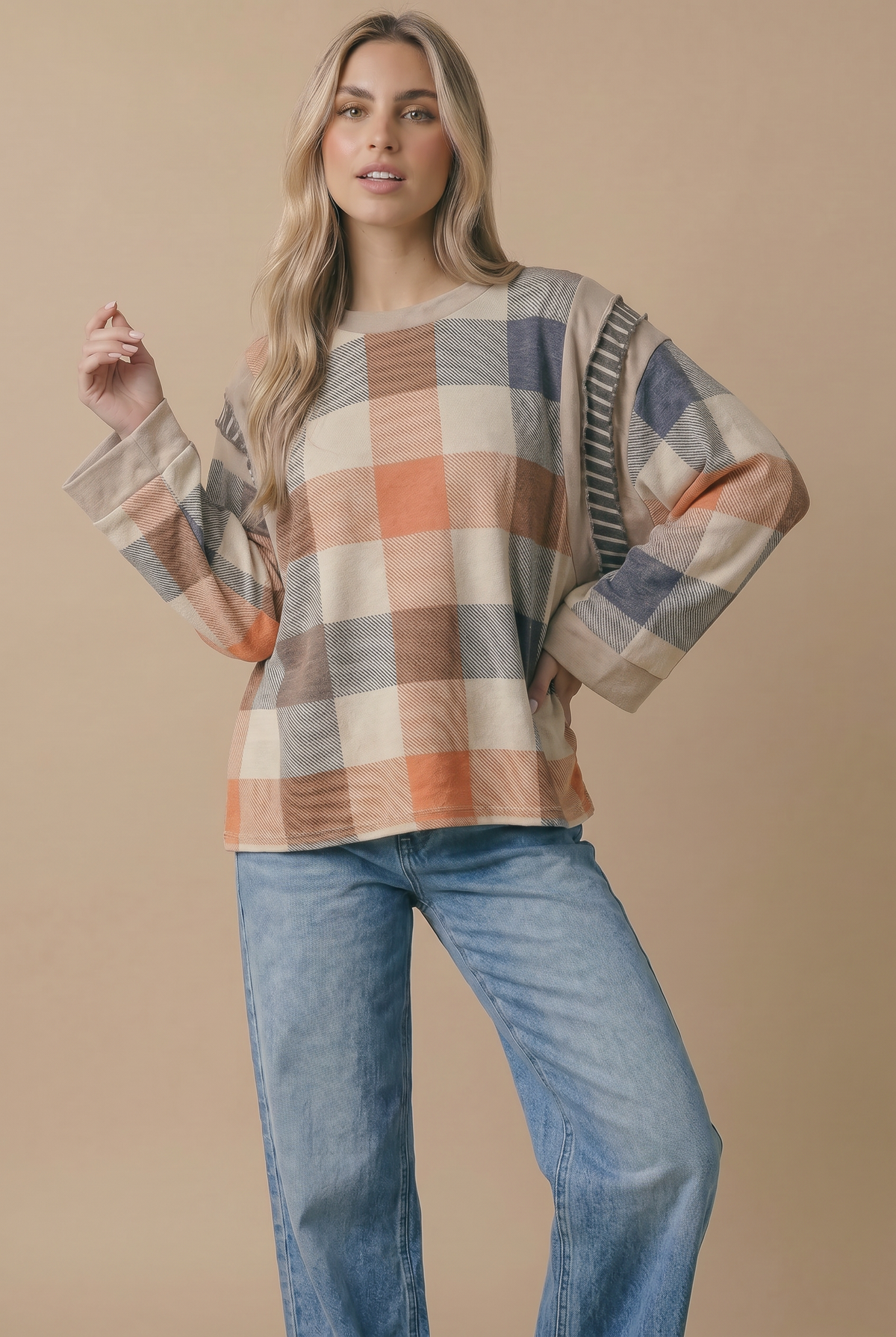 Plaid Colorblock Pullover Knit Top Curvy