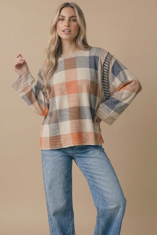 Plaid Colorblock Pullover Knit Top Curvy