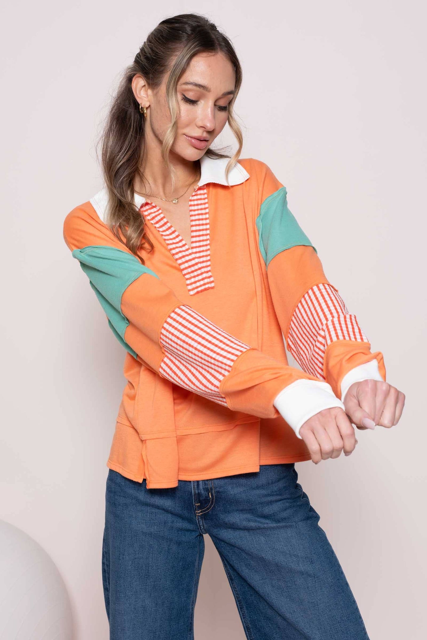Plus color block collared top with striped panels-PLT11201