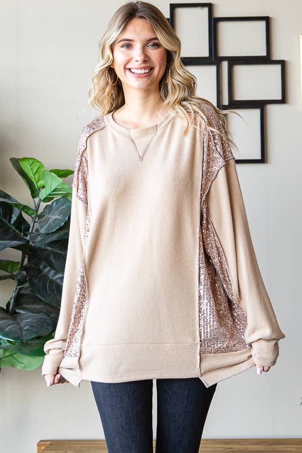 Brushed Drop Shoulder Sequin Contrast Pullover Top T5400