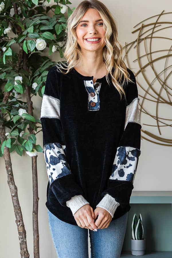 [PLUS SIZE] Animal Print Accent Button Front PulloverT5371XL