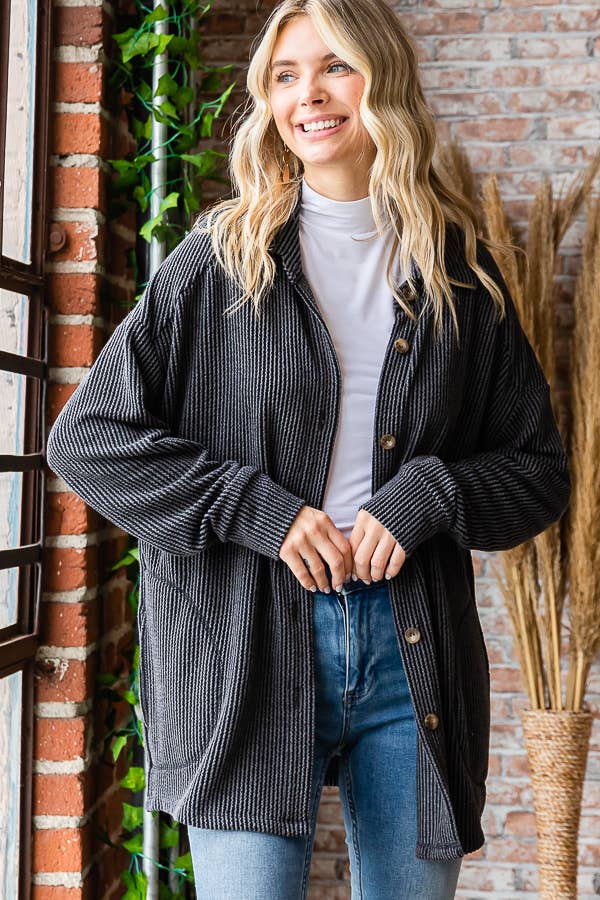 Solid Rib Button Down Side Pockets Long Sleeve Shacket T5256