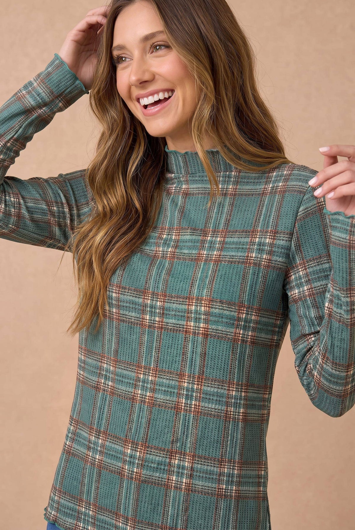 Plaid Mock Neck Frilled Hem Top