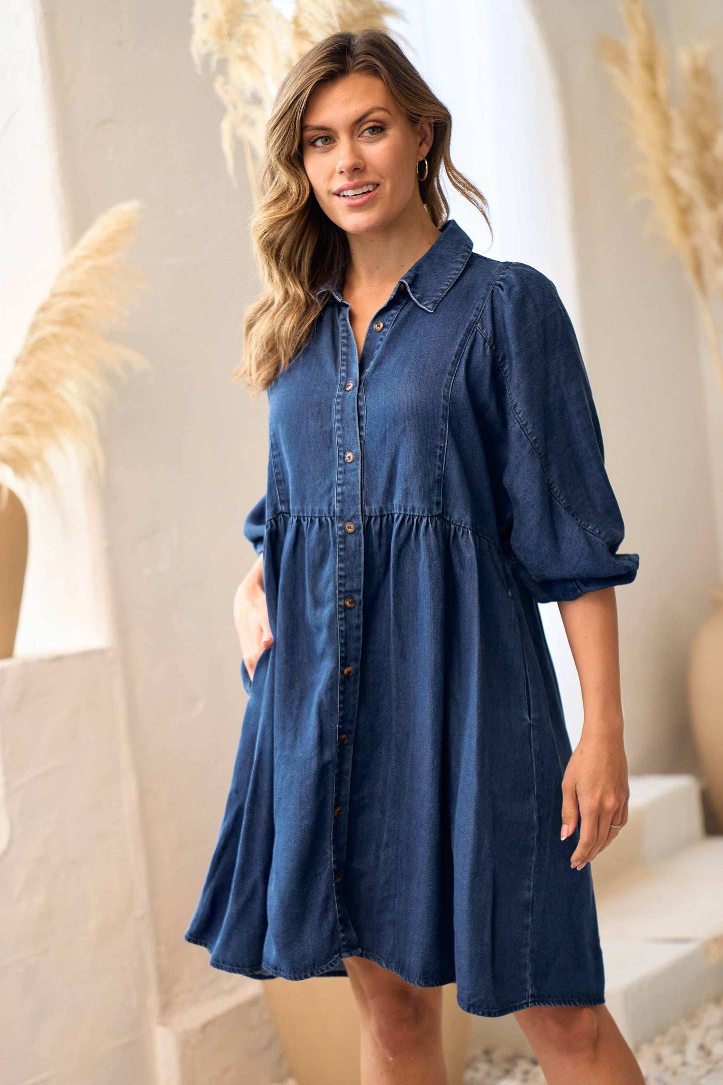 Plus Button down puff sleeve mini dress-PID10016A