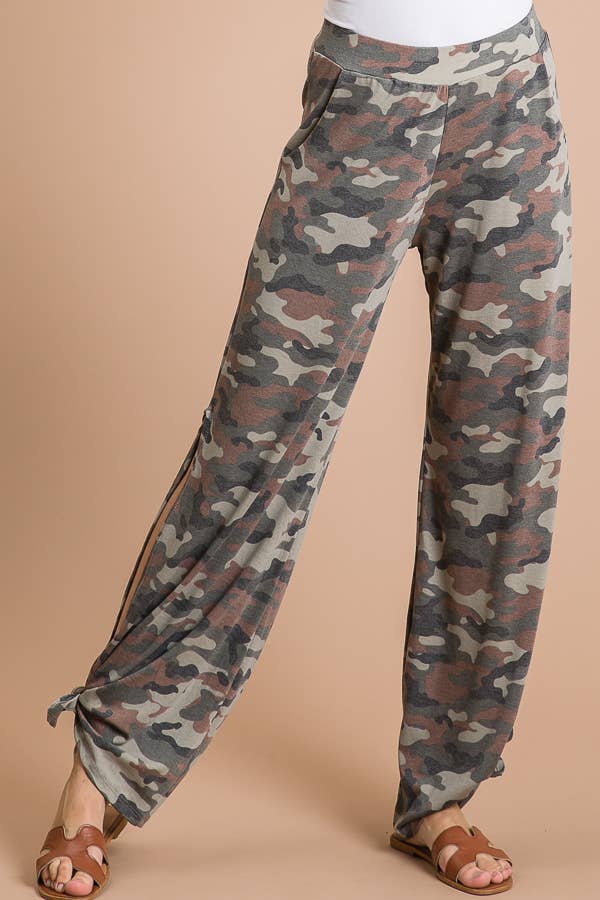 Camo Print Split Side Ankle Tie Women's Casual Pants P3585