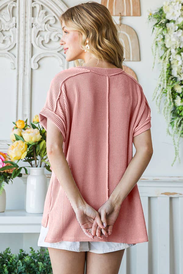 Solid Rib Drop Shoulder Side Slit Short Sleeve Top