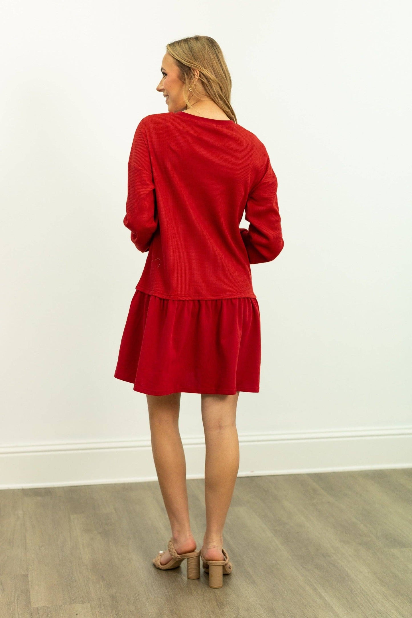Waffle Knit Long-Sleeve Dress, Red