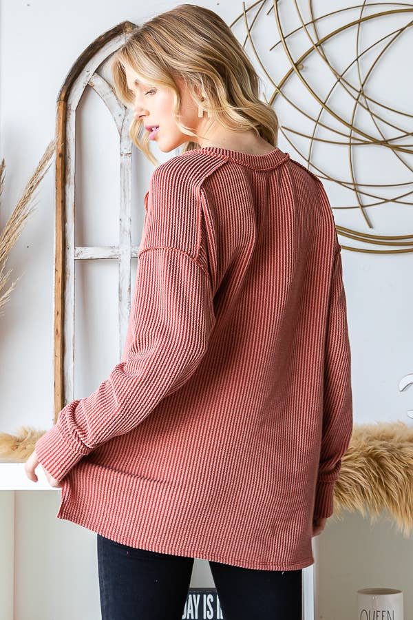 [PLUS SIZE] Rib V-Neck Drop Shoulder Long Sleeve Top T5240XL