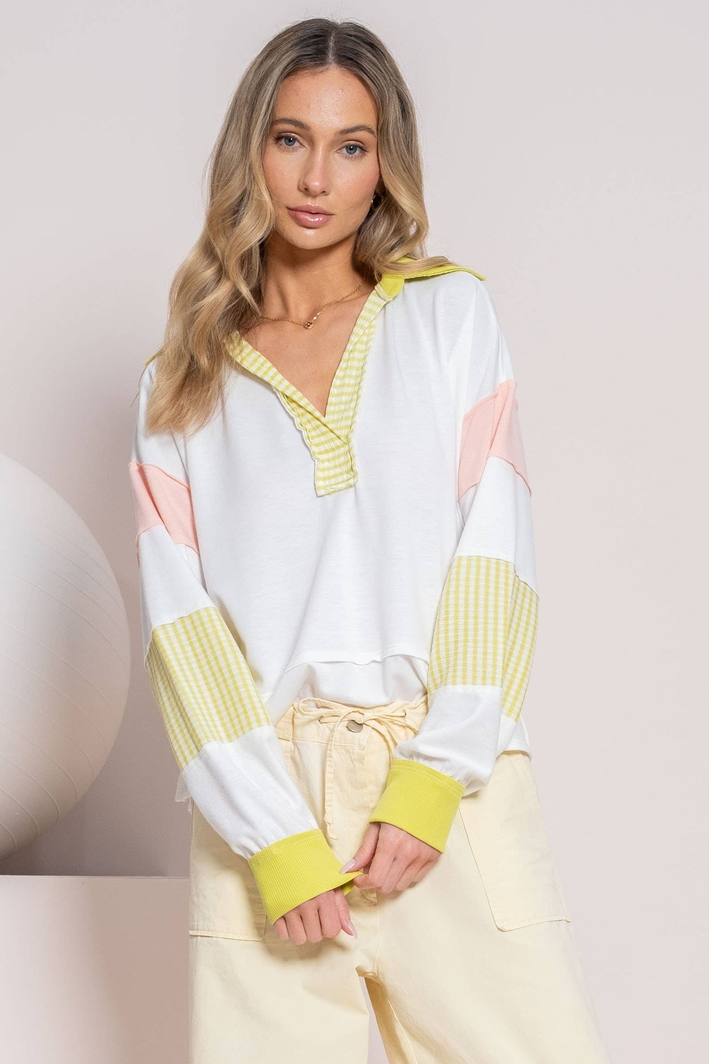 Plus color block collared top with striped panels-PLT11201