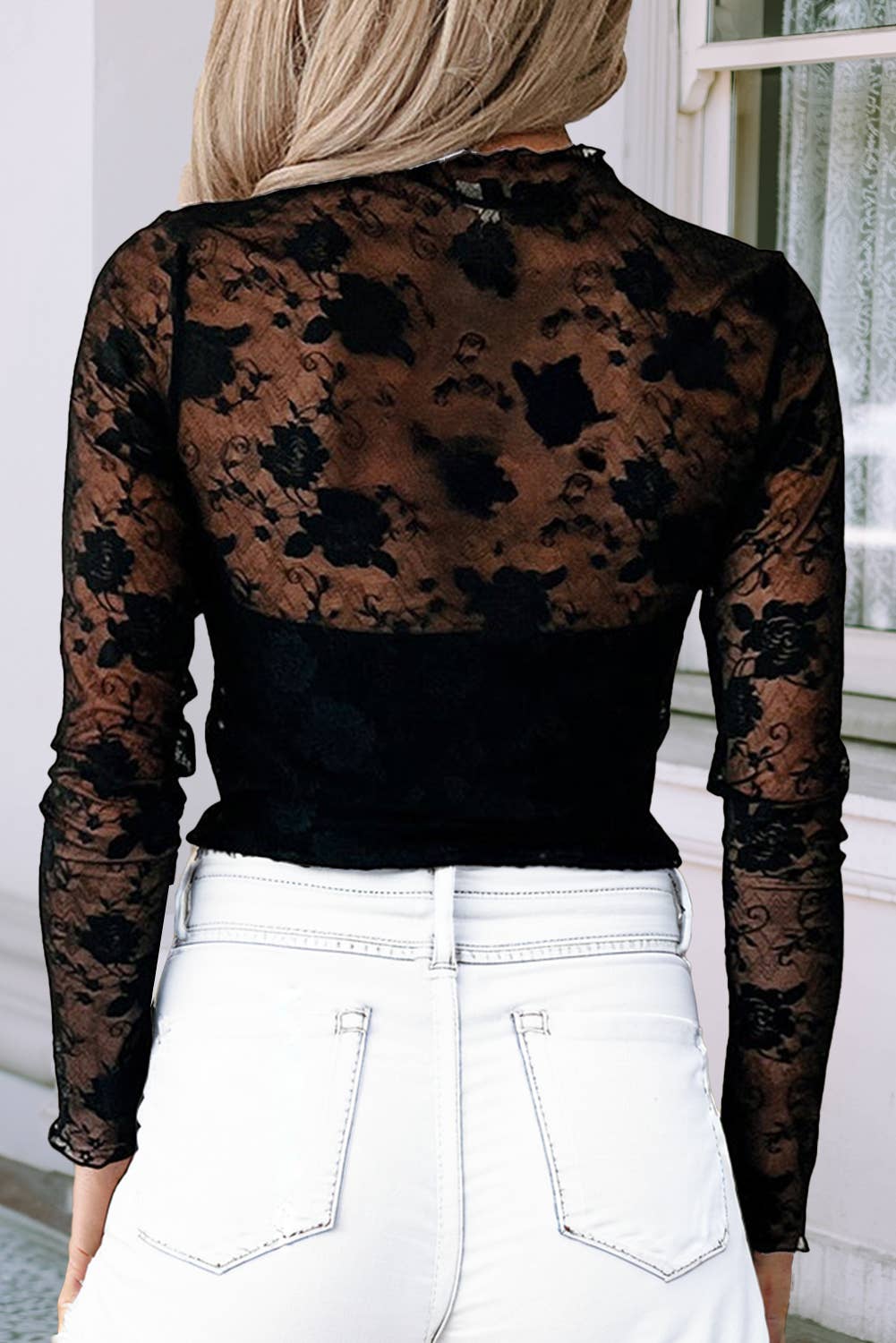 Mock Neck Floral Lace Mesh Long Sleeve Top