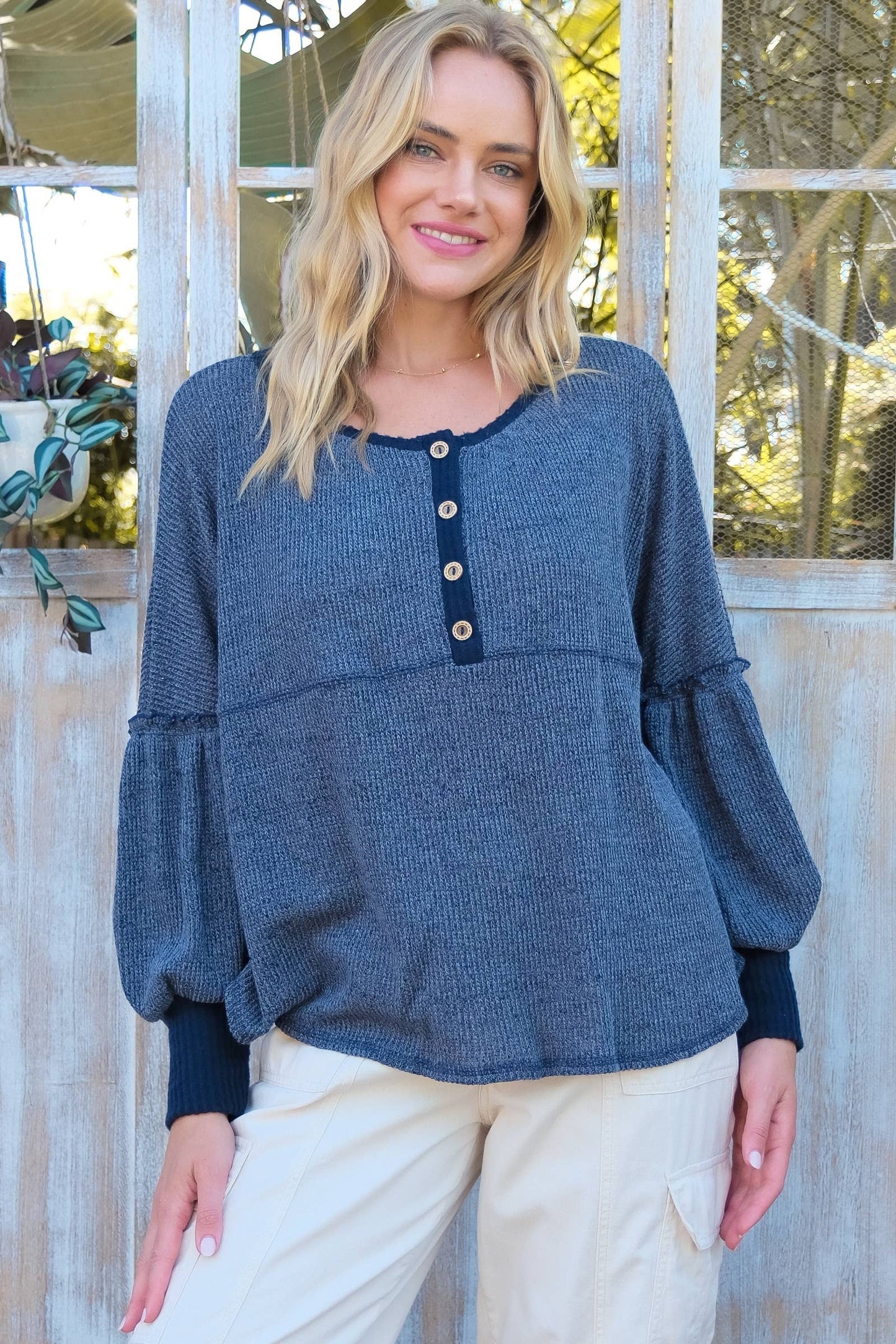 Roomy fit long sleeve top with placket-LT6491