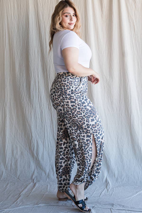 Leopard Print Side Slit Ankle Tie Pants Curvy