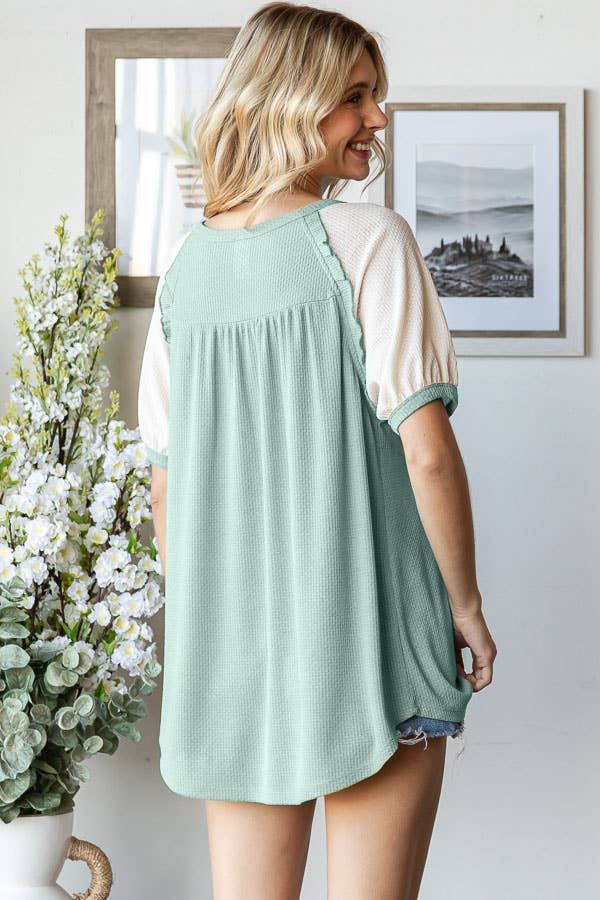 Ruffle Trim Lace Contrast Raglan Short Sleeve Top