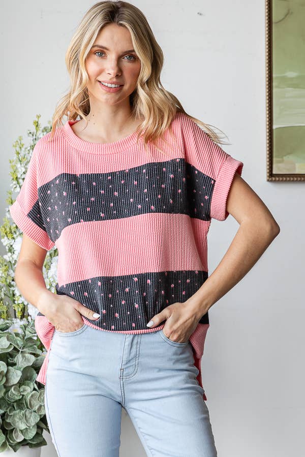 Curvy Color Block Side Slit Short Sleeve