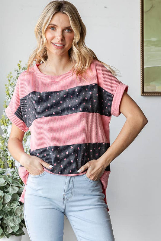 Floral Rib Side Slit Hi Low Banded Short Sleeve Top