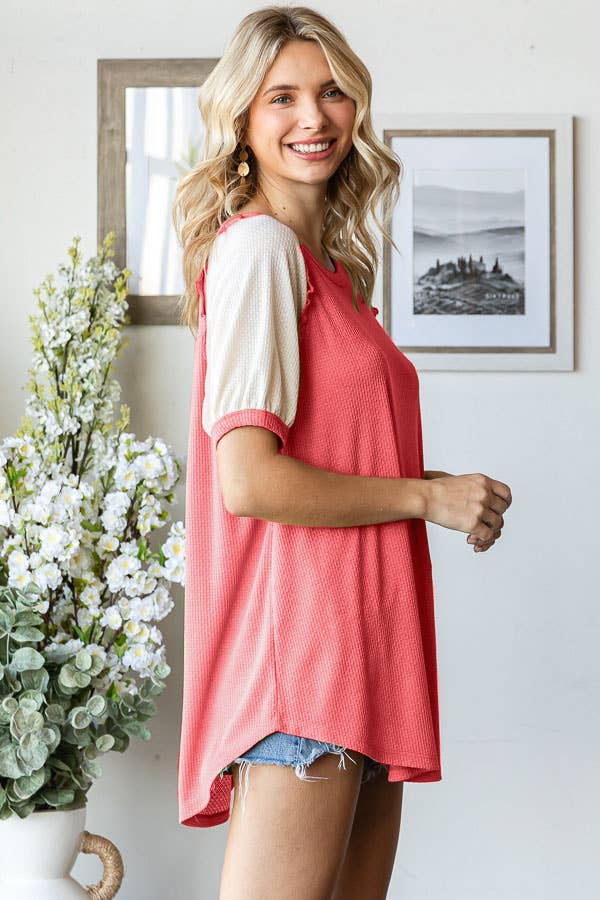 Ruffle Trim Lace Contrast Raglan Short Sleeve Top