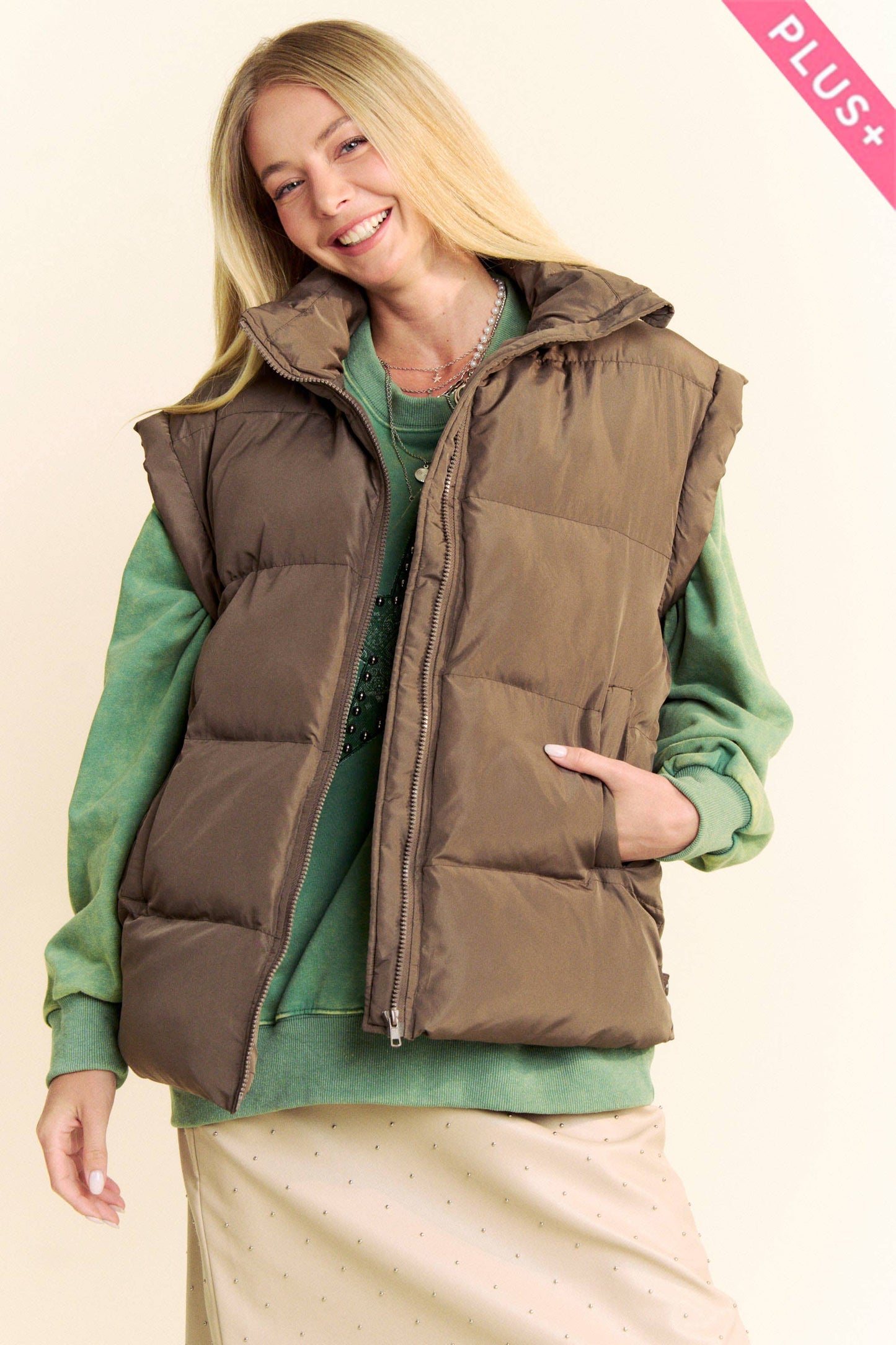 PLUS SOLID SLEEVELESS ZIPPER PUFFER JACKET VEST