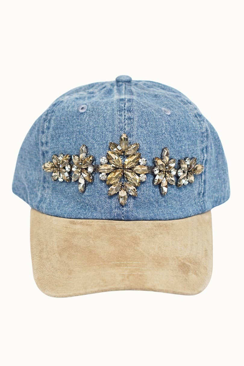 Bejewelled Denim Baseball Cap with Suede Bill, Adjustable