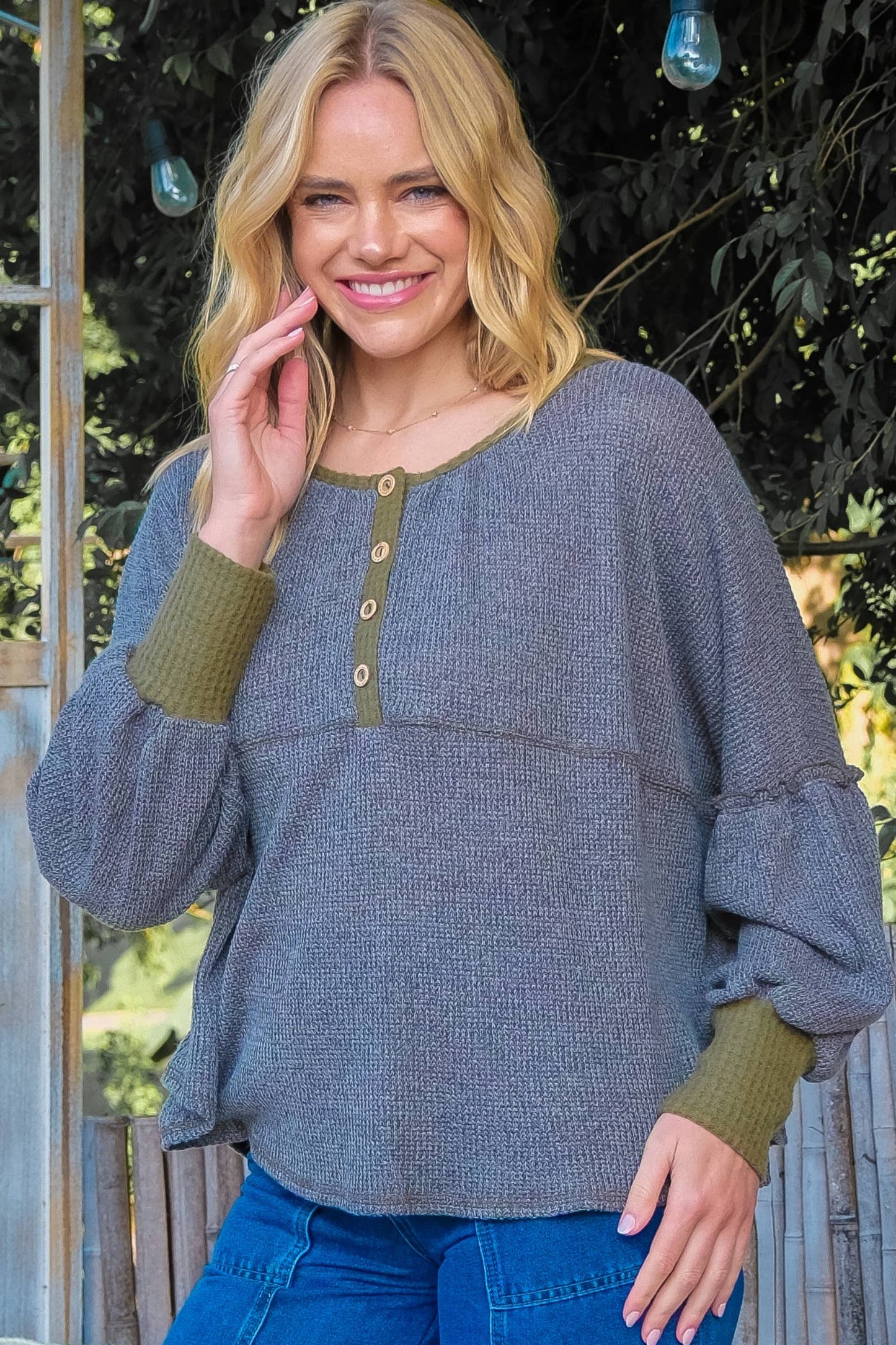 Roomy fit long sleeve top with placket-LT6491