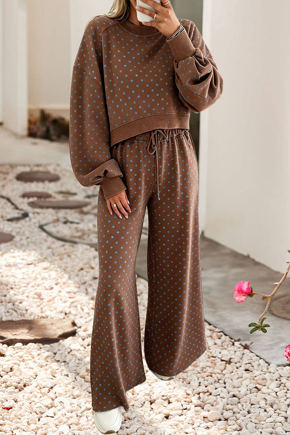 Polka Dot Drawstring Wide Leg Pants Set Curvy