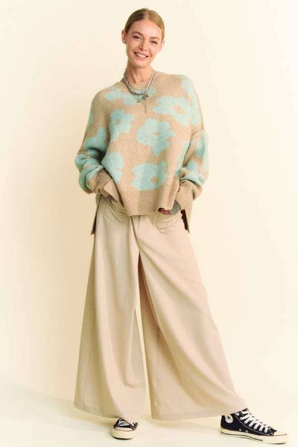 FLORAL LONG SLEEVE LOOSE FIT PULLOVER KNIT SWEATER